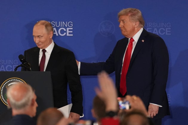 Donald Trump and Vladimir Putin depart at a peace summit in Alaska last year.