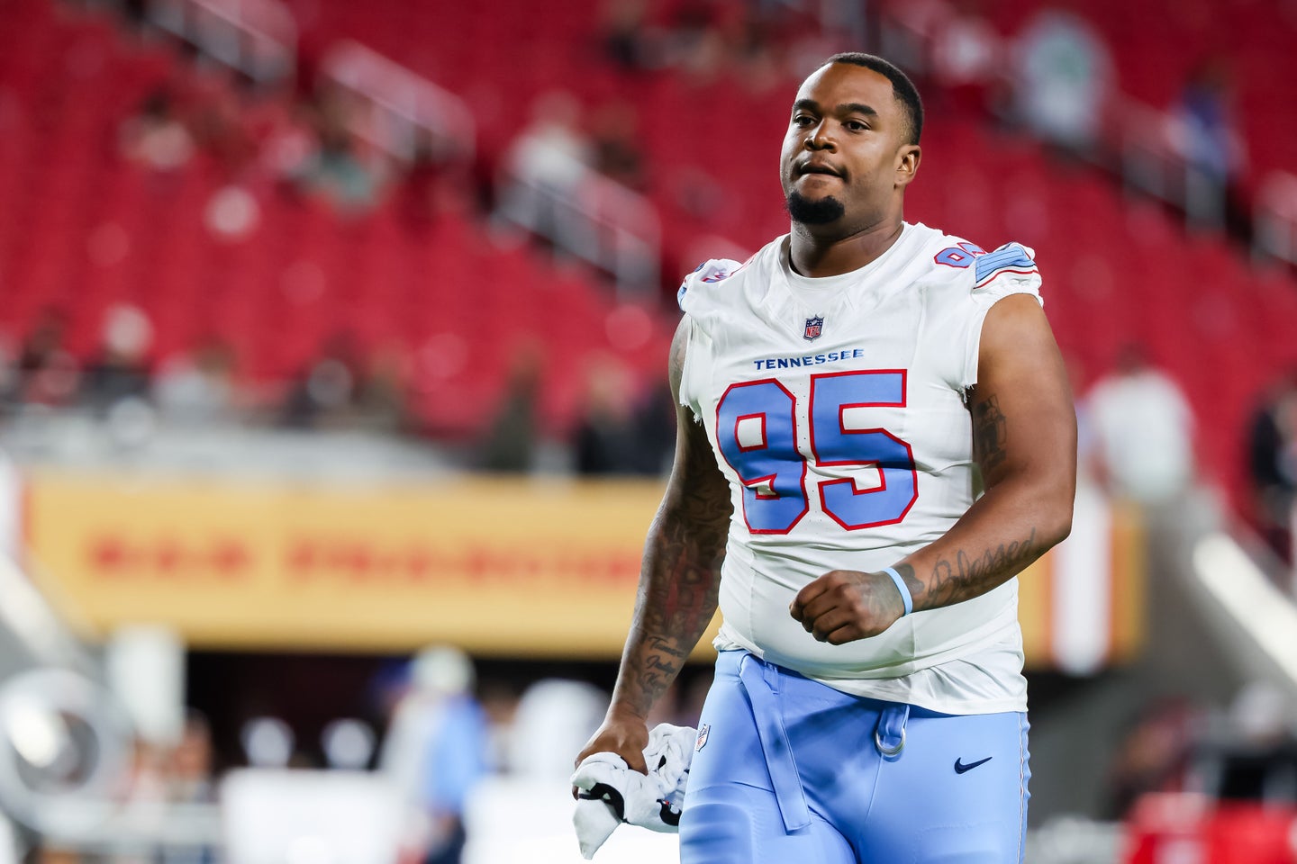 Jordan Elliott, now formerly of the Tennessee Titans, after a preseason NFL game in August 2026.