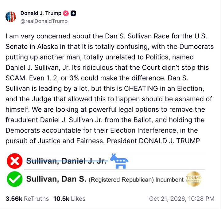 Screenshot of President Donald Trumps post via Truth Social