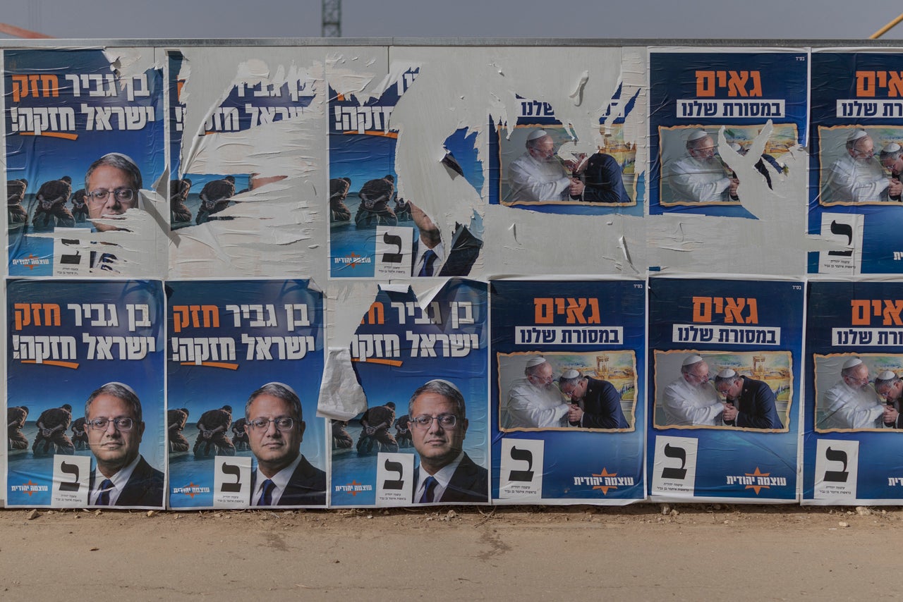 A wall is plastered with torn election posters of Israeli National Security Minister Itamar Ben Gvir's far-right Otzma Yehudit party on Oct. 15, 2026. Israel’s Oct. 27 election is seen as a referendum on far-right Prime Minister Benjamin Netanyahu.