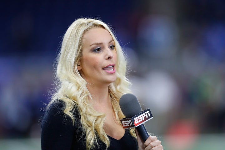 Britt McHenry, pictured when she worked as an ESPN sideline reporter in 2016, allegedly threw a drink at a fan during an NBA game.