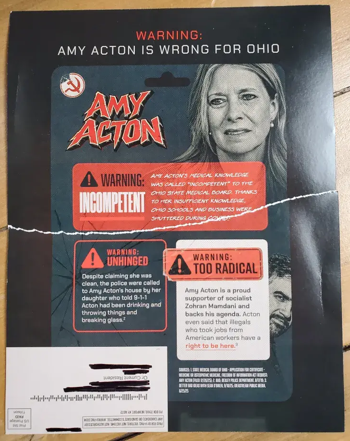 An Ohio voter gets who daily campaign mailers attacking Democratic gubernatorial nominee Amy Acton shared this image of one of them, taped back together after they ripped it up.