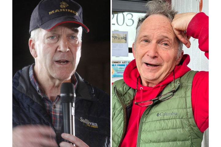 This combination photo shows Sen. Dan Sullivan, R-Alaska, left, in Palmer, Alaska, Aug. 17, 2026, and a candidate in Alaska's Senate race, Dan Sullivan, right, in Petersburg, Alaska, July 3, 2026.
