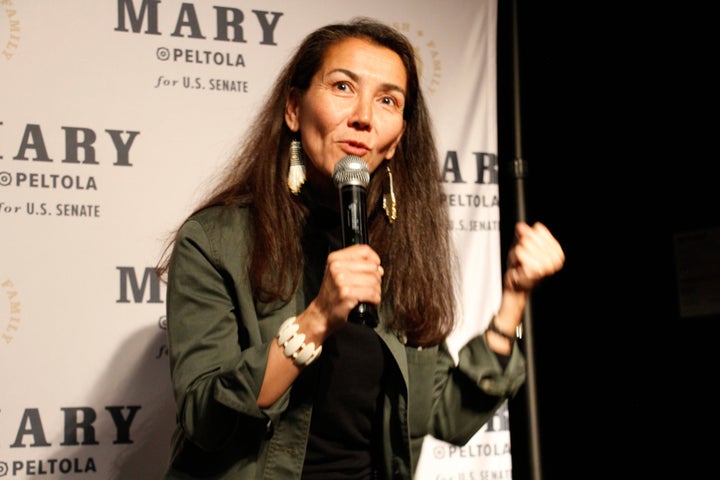 FILE - Mary Peltola, a Democrat running for the U.S. Senate seat in Alaska, addresses supporters at an election watch party on Aug. 18, 2026, in Anchorage, Alaska.