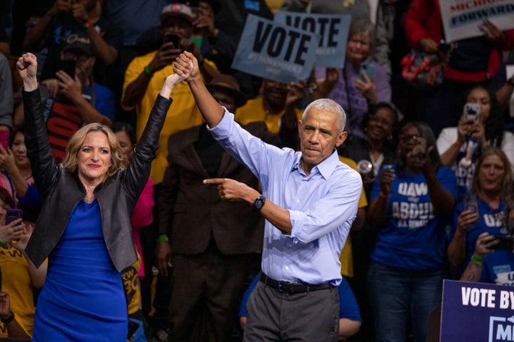 Former US President Barack Obama campaigns with Michigan Democrat Secretary of State and gubernatorial candidate Jocelyn Benson at a rally in Detroit, Michigan on October 24, 2026. (Photo by Bill Pugliano / AFP via Getty Images)
