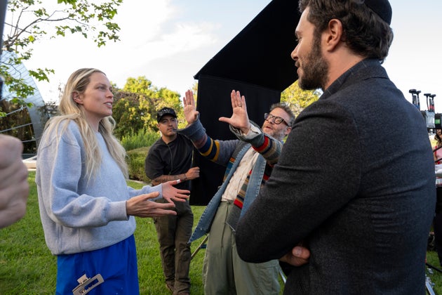 Erin Foster and Adam Brody pictured behind the scenes of Nobody Wants This
