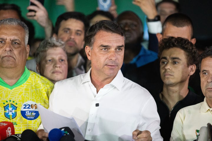 Flavio Bolsonaro, Brazilian presidential candidate, speaks during a press conference at the Liberal Party (PL) camp following the runoff election in Brasilia, Brazil, on Sunday, Oct. 25, 2026. Bolsonaro called for the annulment of Brazil's presidential runoff after losing the election to President Luiz Inacio Lula da Silva in a chaotic vote marred by allegations of suppression and a last-minute extension of voting hours. Photographer: Arthur Menescal/Bloomberg via Getty Images