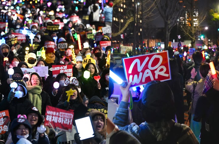 2024年末の韓国での韓国の大統領退陣要求デモ(左)と、2026年3月の日本での戦争・改憲に反対するデモ(右)